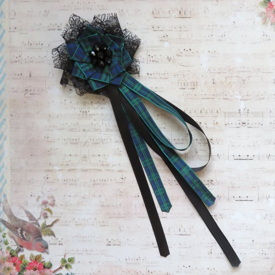 Black Watch Tartan Ruffle Black Lace Regency Ribbons Hair or Bonnet Clip