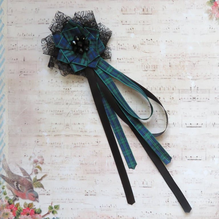 Black Watch Tartan Ruffle Black Lace Regency Ribbons Hair or Bonnet Clip