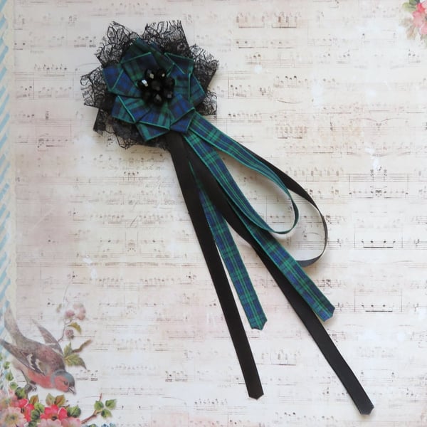 Black Watch Tartan Ruffle Black Lace Regency Ribbons Hair or Bonnet Clip
