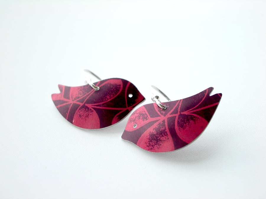 Bird earrings in plum with red leaf print