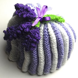 Purple and White Stripe Hand Knit Lavender Tea Cosy - UK Free Post