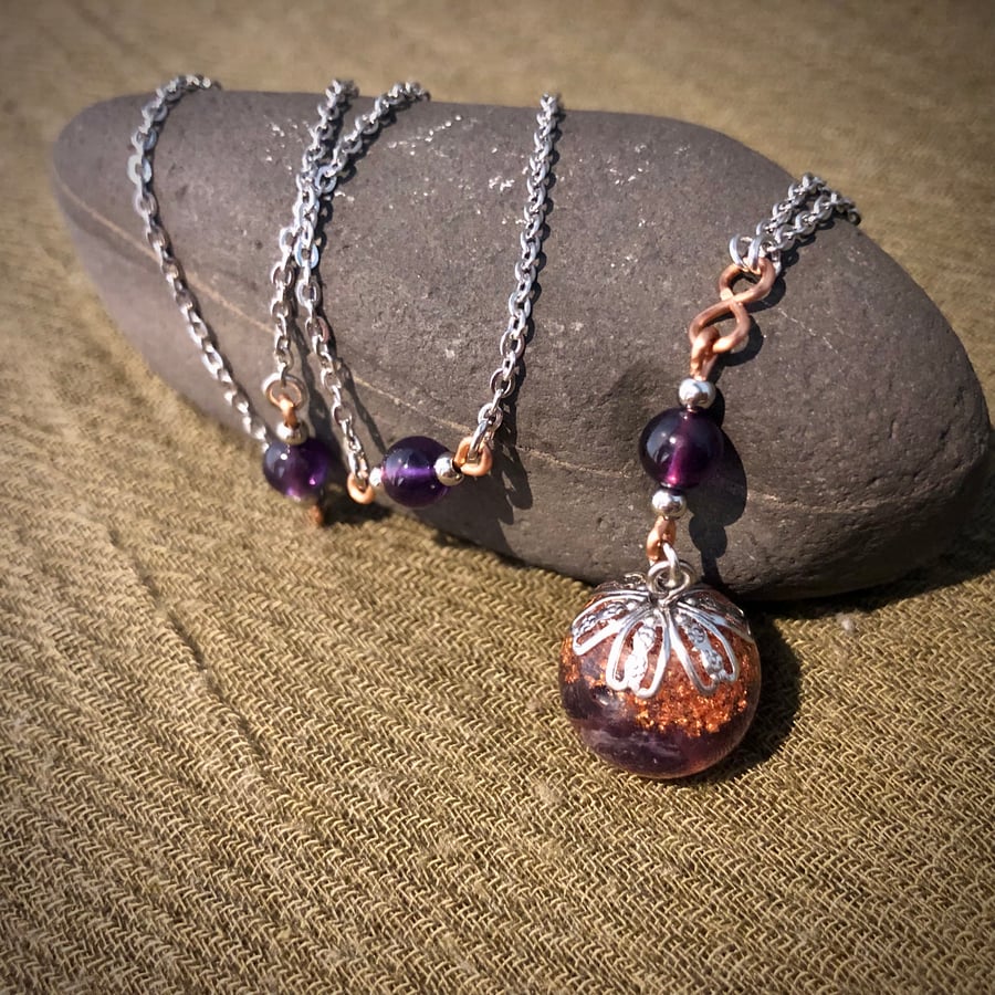 Crystal Energy Sphere Drop Pendant with Amethyst Quartz (& Infinity Symbol)