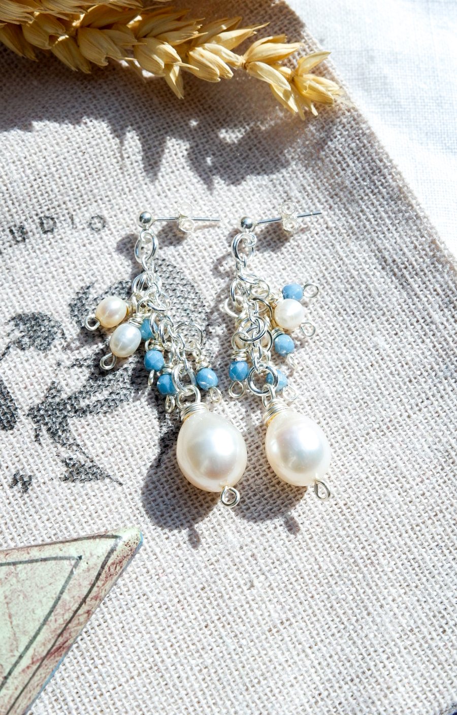 Pearl Earrings - Freshwater Ivory Teardrop Pearl Dangle Earrings, Blue Czech