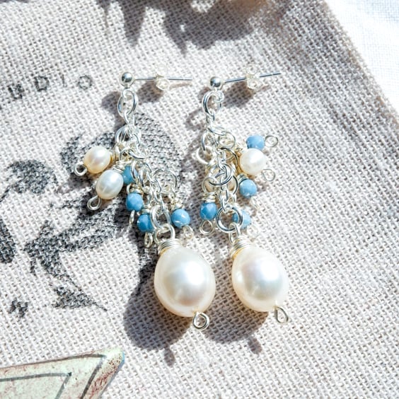 Pearl Earrings - Freshwater Ivory Teardrop Pearl Dangle Earrings, Blue Czech