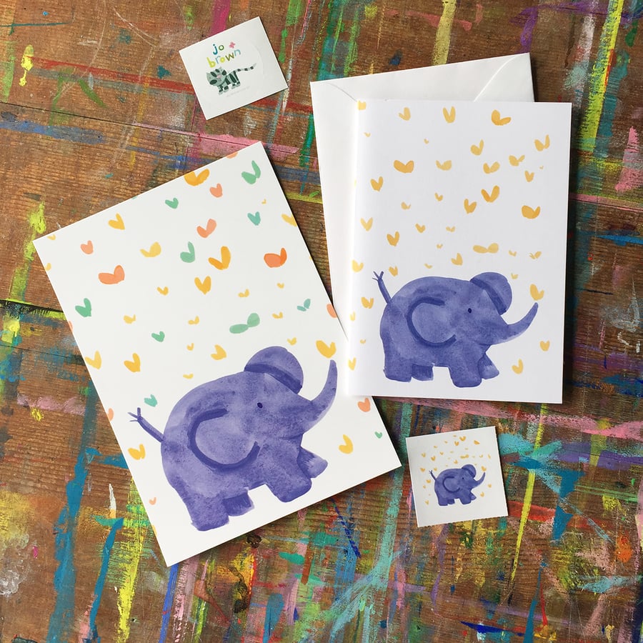 Elephant and Butterflies Mini Art Print-card-sticker bundle by Jo Brown