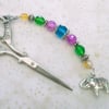 Multi coloured scissor fob with elephant charm, bag charm or zipper pull