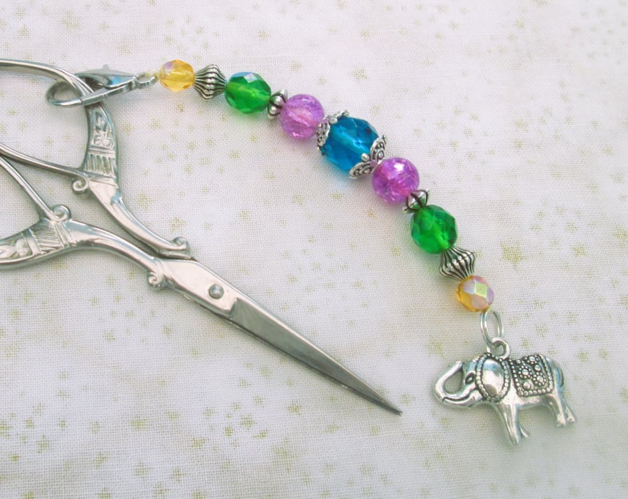Multi coloured scissor fob with elephant charm, bag charm or zipper pull