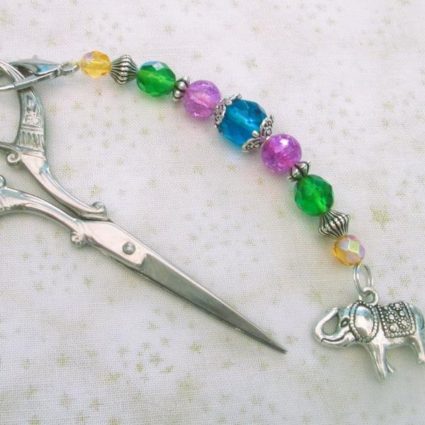 Multi coloured scissor fob with elephant charm, bag charm or zipper pull