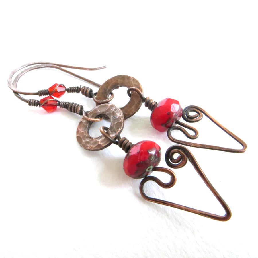 Long Copper Earrings, Red Bead Earrings, Abstra... Folksy