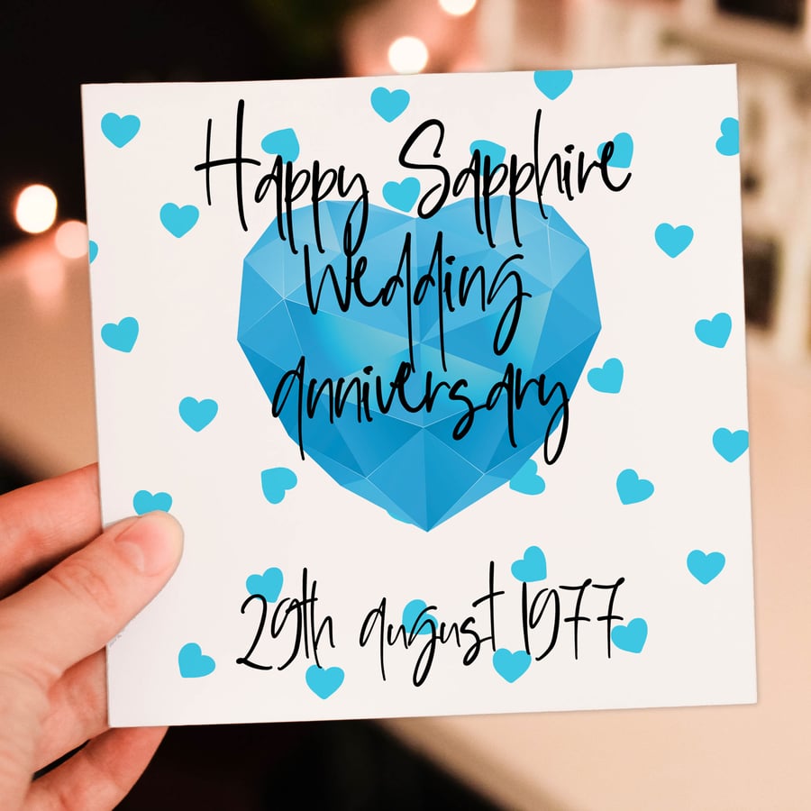 Sapphire (45th or 65th) anniversary card: Personalised with date