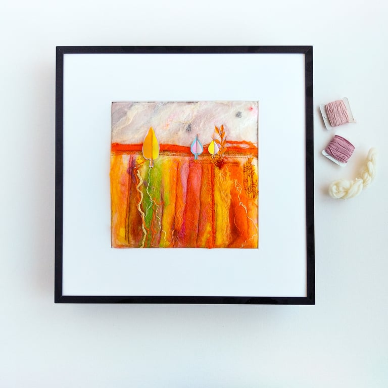 Felt and textile landscape, original framed art, named Bright fields