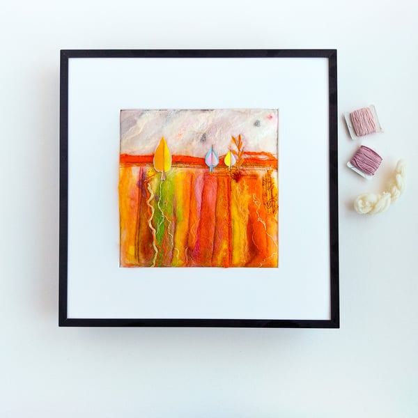 Felt and textile landscape, original framed art, named Bright fields