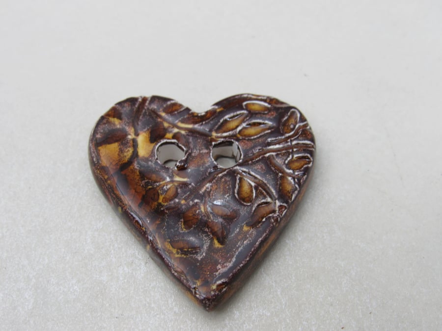 Medium Dark Copper Leaf Sprig Texture Heart Shaped Ceramic Button