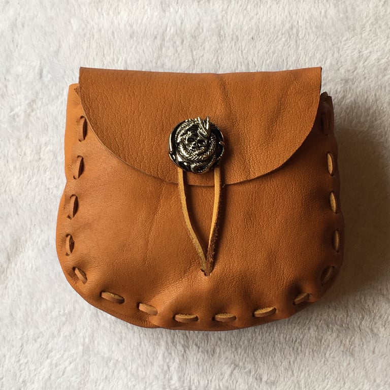 Rustic Brown Tan Coloured Leather Medieval Style Pouch - Dragon & Skull Closure