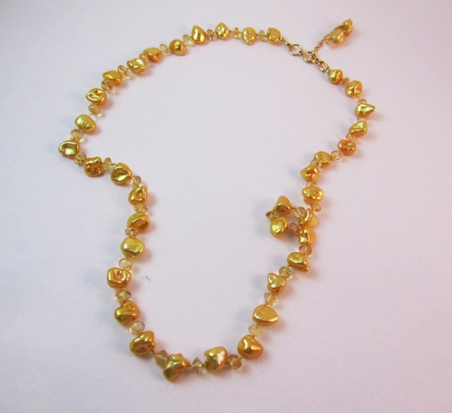 Yellow Pearl Citrine Necklace, Pearl Knotted Necklace, Pearl Necklace
