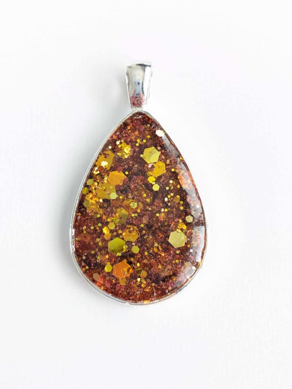 Teardrop Resin Pendant With Sunset Copper Glitter