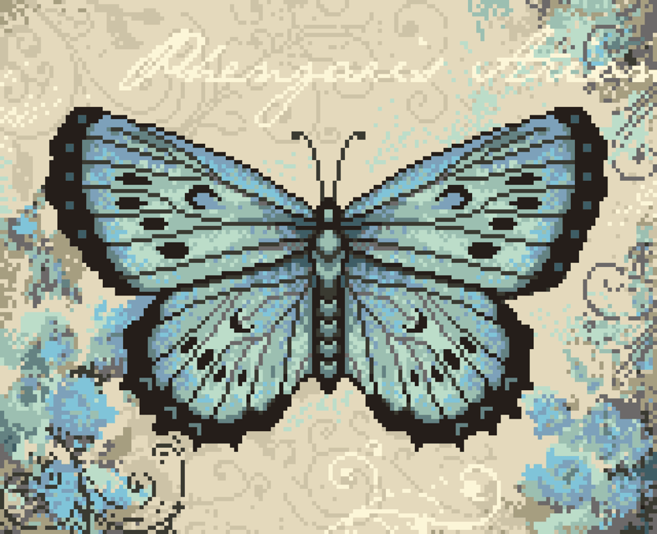 257 - Blue Butterfly Cross Stitch Pattern: Rustic Floral Design (PDF Chart) 