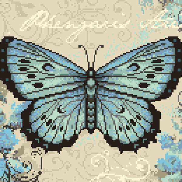 257 - Blue Butterfly Cross Stitch Pattern: Rustic Floral Design (PDF Chart) 
