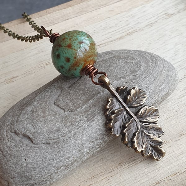 Brass oak leaf necklace, Green and bronze pendant, Forest theme jewellery
