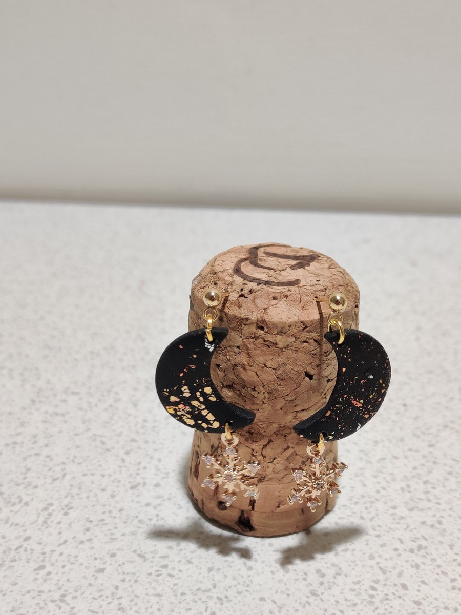 Black and gold mini moon earrings with snow flake 