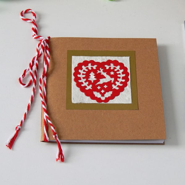 Scandi Heart Notebook with die cut Folk Art Heart decor. Christmas Card