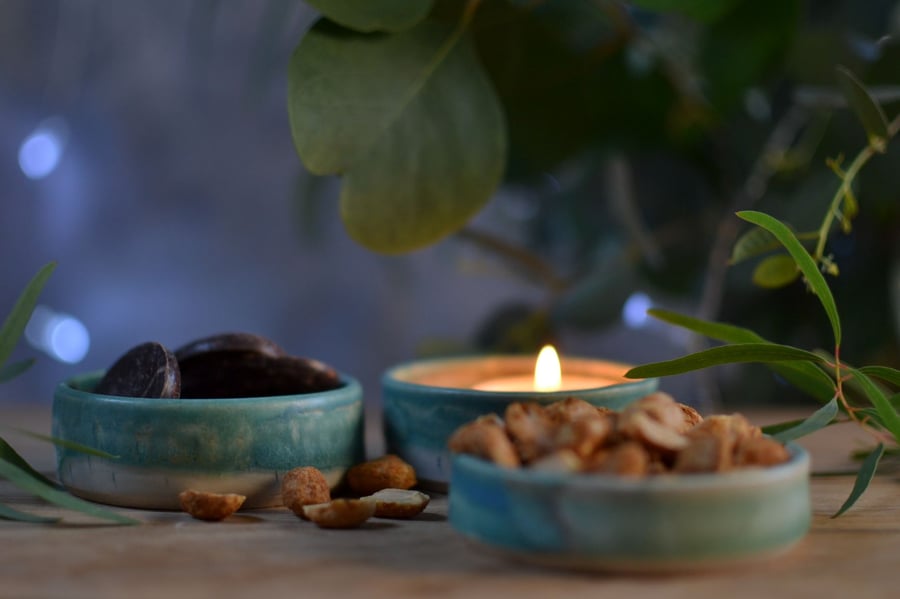 Skyline dip bowl Gift set -  2 X ceramic dishes glazed sea tones