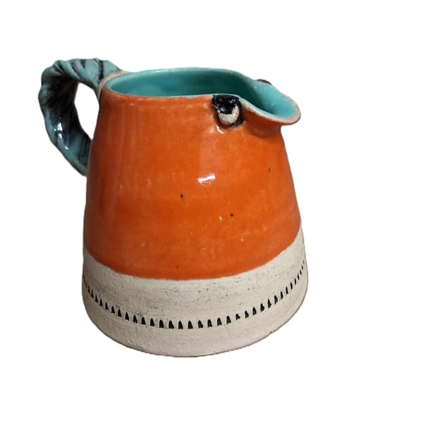 Cute "Sad Eyes" wheel thrown Blue and Coral Durable Stoneware Ceramic Jug