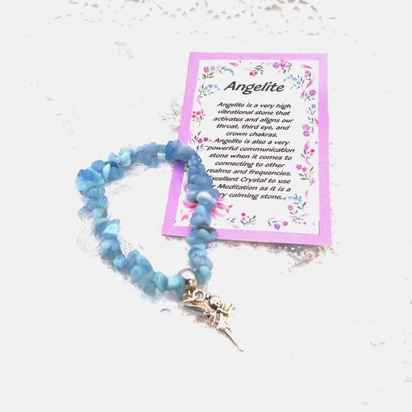 Angelite Chip Elasticated Bracelet with Fairy Charm. Free UK Postage.