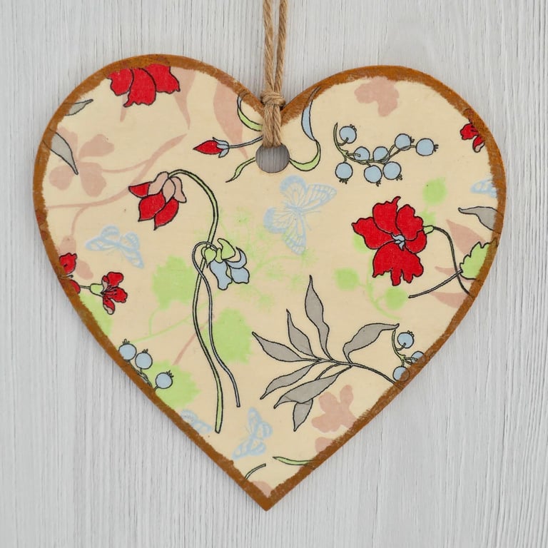 Decoupaged Wooden Hanging Heart: Red Flower design 6” (15cm)