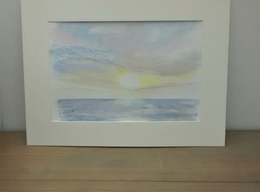 Watercolour Seascape Painting, Lemon Lilac Sunset, Original Painting
