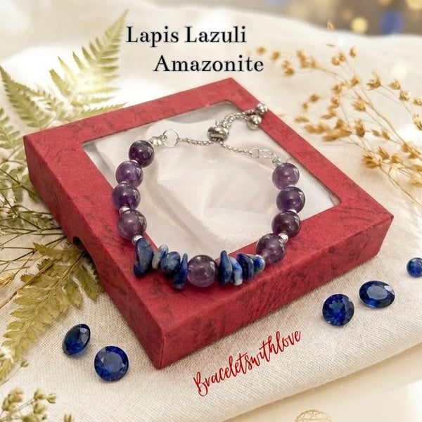 September Birthstone Bracelet, Lapis Lazuli and Amethyst Adjustable Slider 