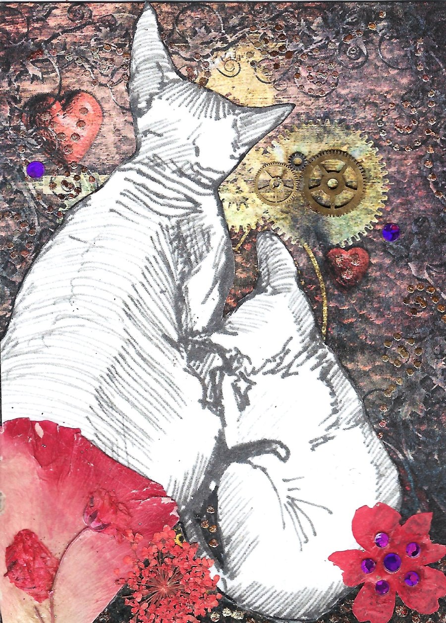3.5 x 2.5 inch Sphinx ACEO ATC Cat Art Mixed Media Valentine Gift for Sphynx Cat