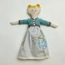 Nolene: 12" doll with hand embroidered bird on dress and matching accessories