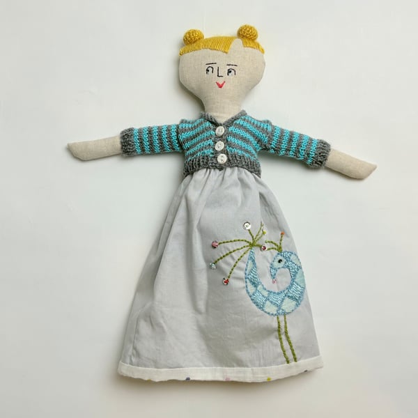 Nolene: 12" doll with hand embroidered bird on dress and matching accessories