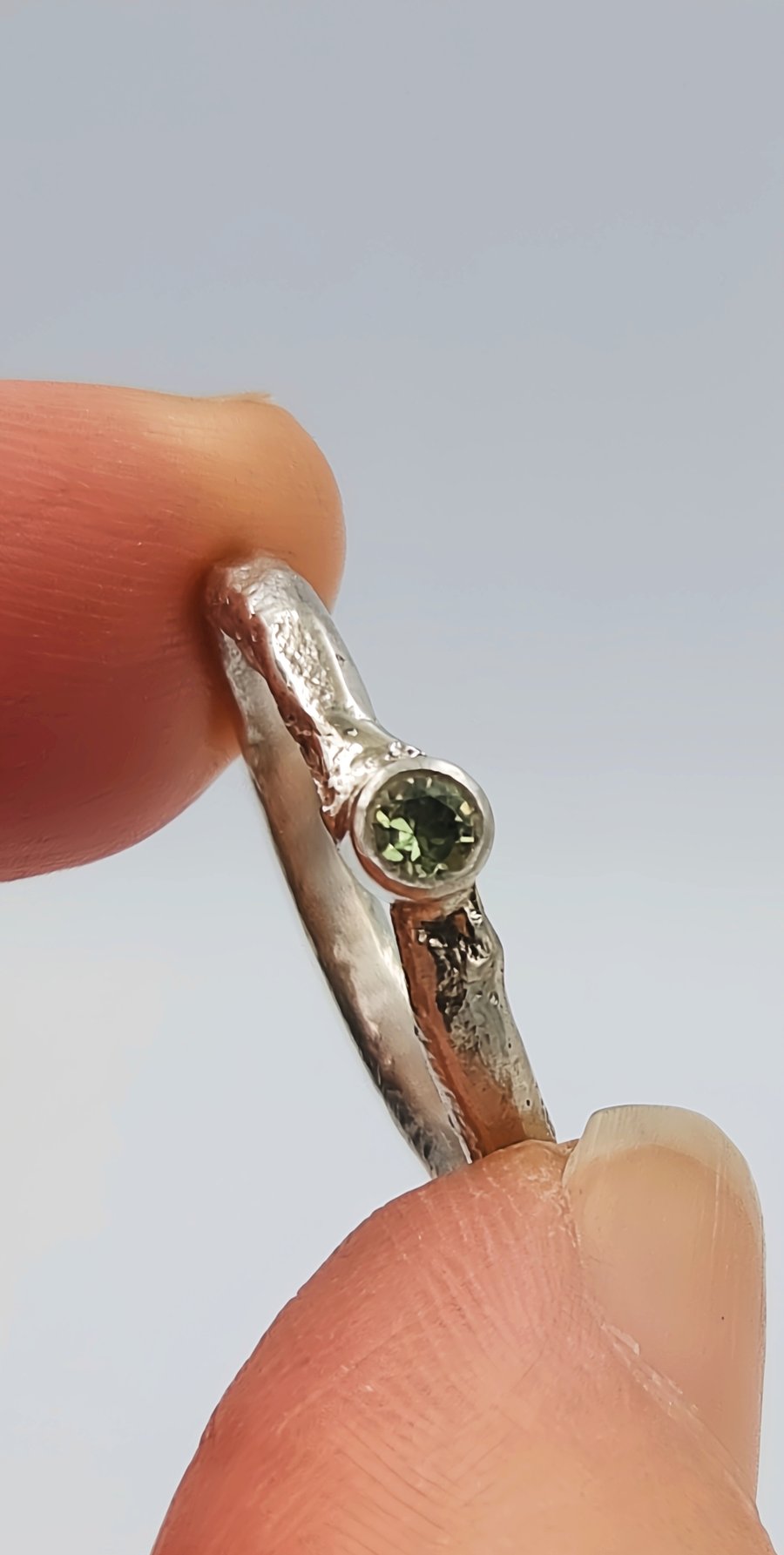 Hand Forged Green Sapphire Rustic Silver Ring - Size H