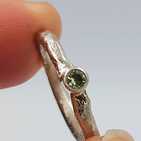 Hand Forged Green Sapphire Rustic Silver Ring - Size H