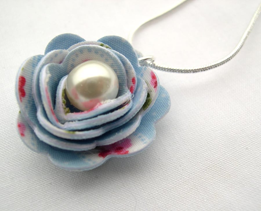 Hardened Fabric Blue Vintage Style Print Rose Necklace silver plated