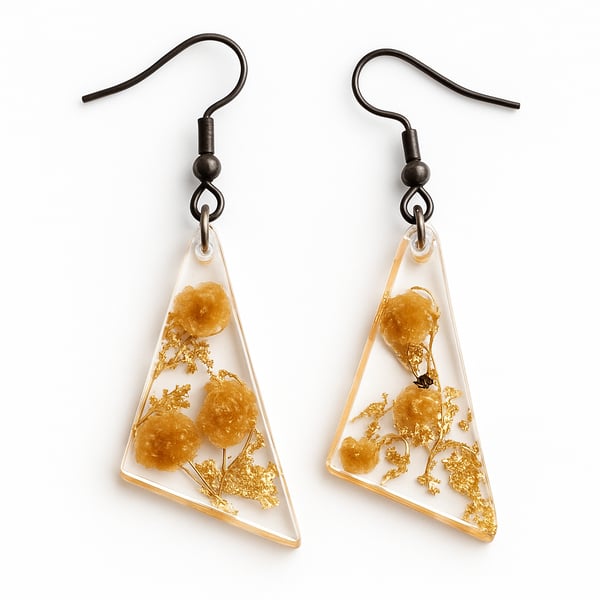 Peach Flower Resin Triangle Earrings – Gold Leaf Drop Dangles