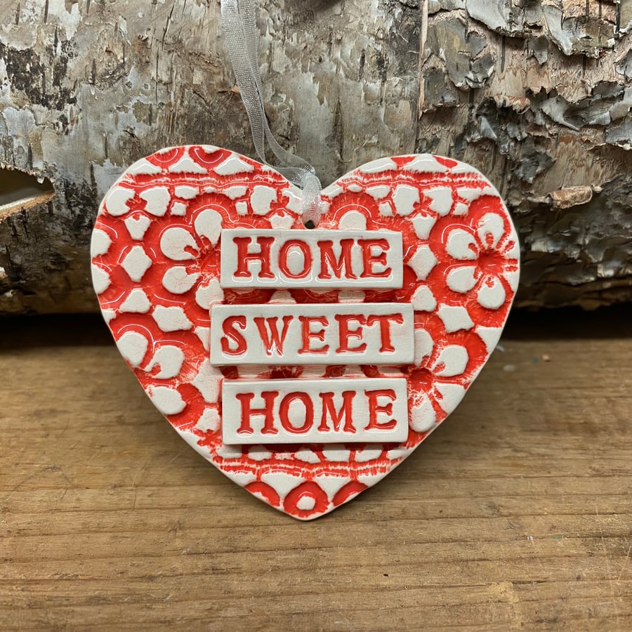 Ceramic heart hanging decoration  Home Sweet Home Flower pattern
