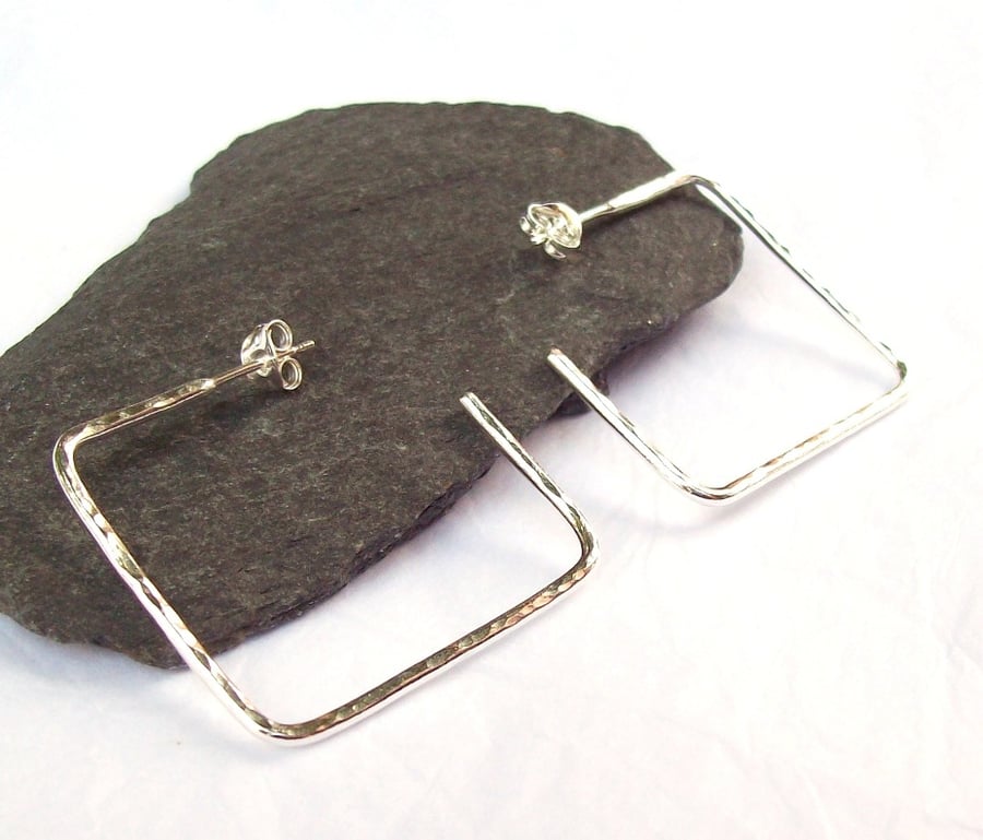 Sterling Silver hoop Earrings , Stud fitting Square hoops lightly textured