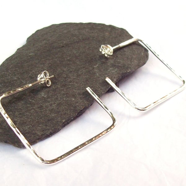 Sterling Silver hoop Earrings , Stud fitting Square hoops lightly textured