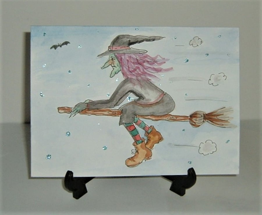 Hand painted original art witch greetings card ( ref f 715)
