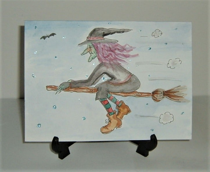 Hand painted original art witch greetings card ( ref f 715)