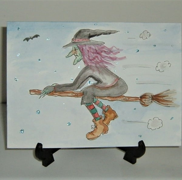 Hand painted original art witch greetings card ( ref f 715)