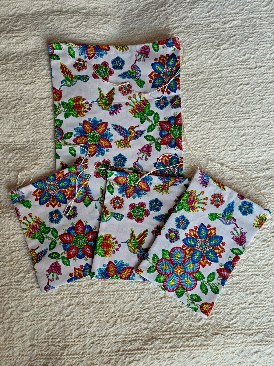 Hummingbird drawstring gift bags, four pack, hand made