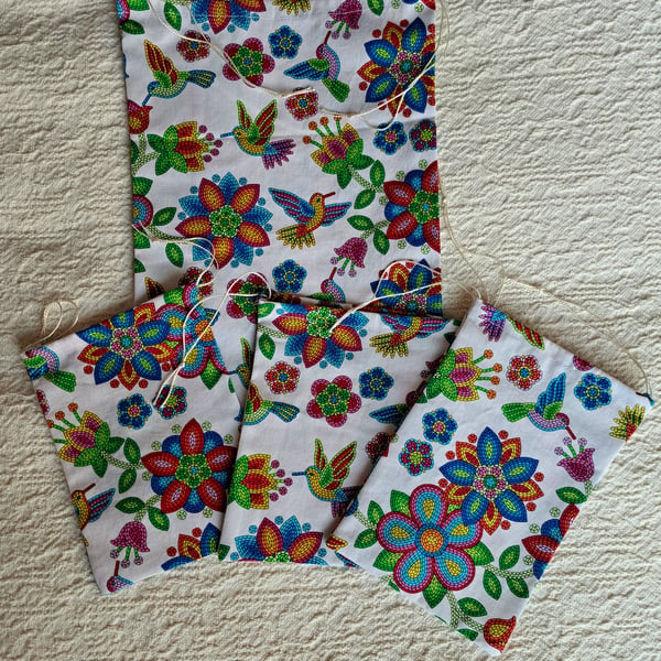 Hummingbird drawstring gift bags, four pack, hand made