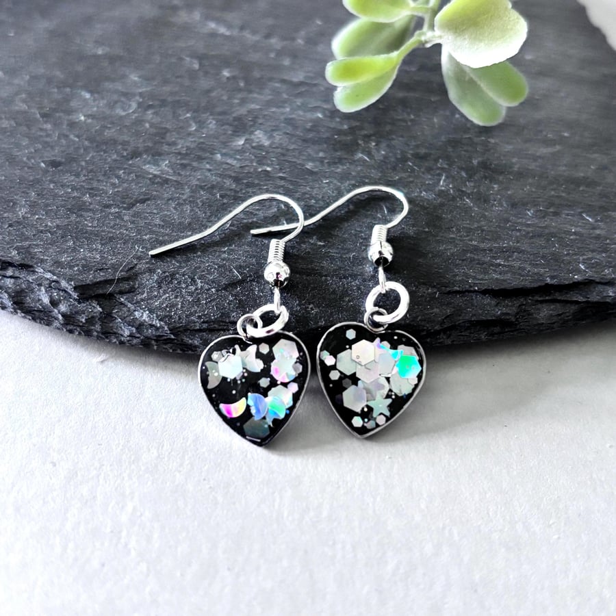 Black Glitter Heart Drop Earrings - Gift for Women