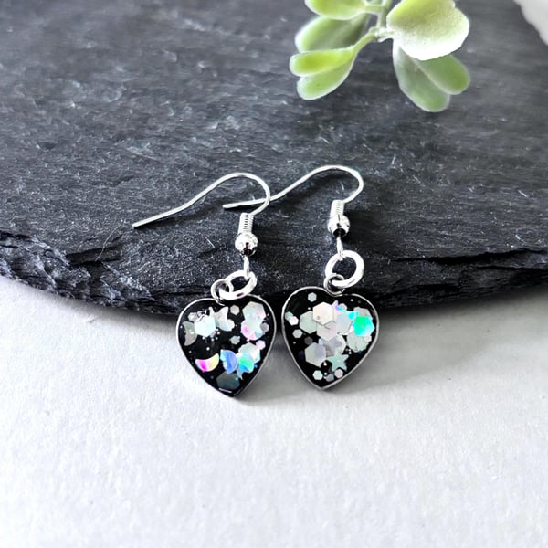 Black Glitter Heart Drop Earrings - Gift for Women