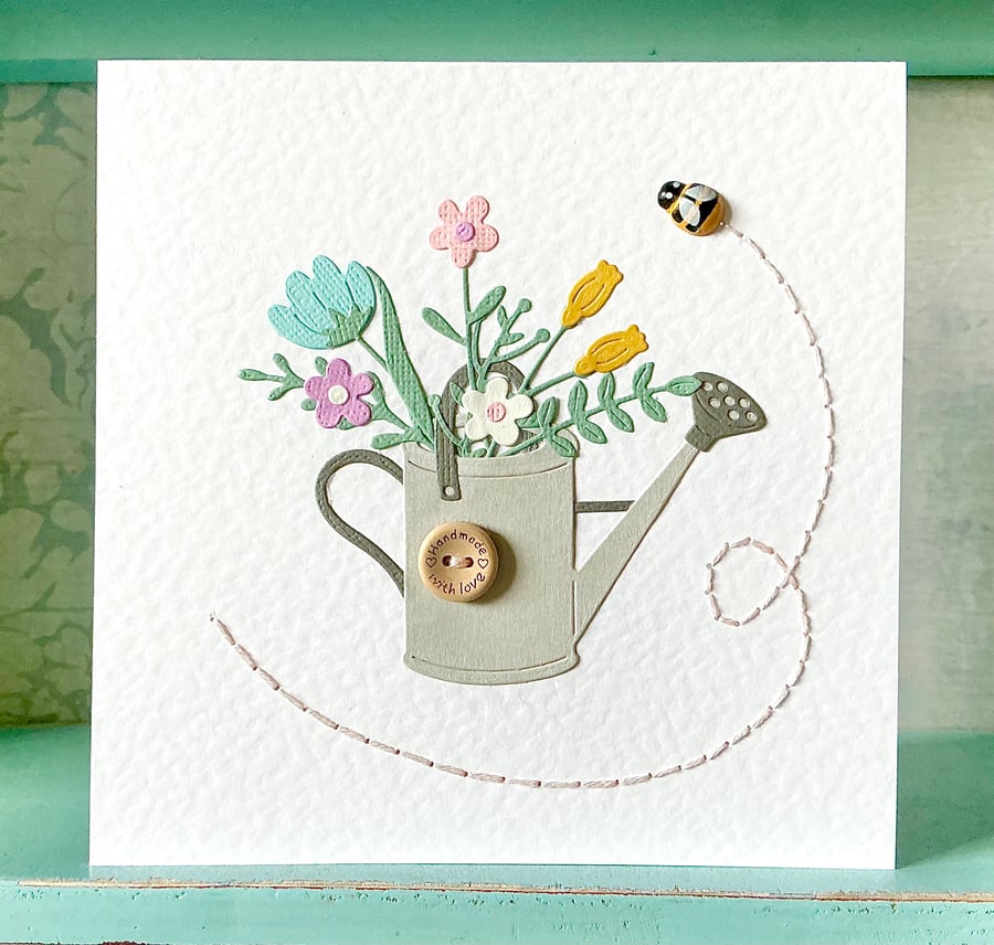 Hand Sewn Card. Watering Can Card. Flower Card. Gardening Card. Mothers Day Card