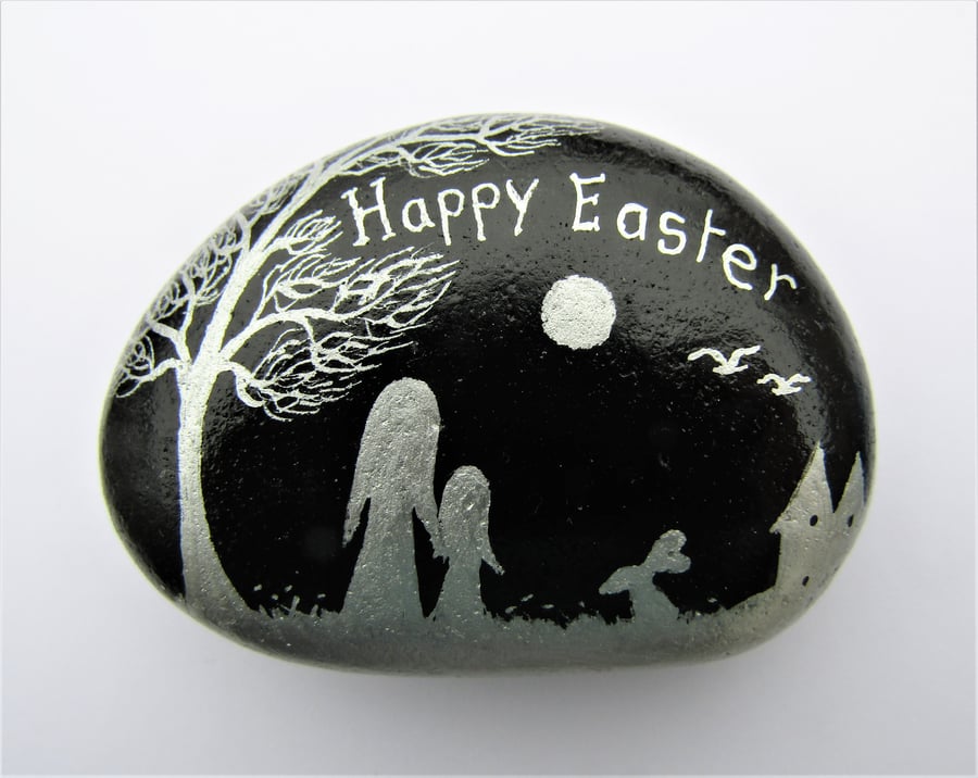 Easter Gift, Mother Daughter Painting on Stone, Child Rabbit Tree Moon, Rock Art